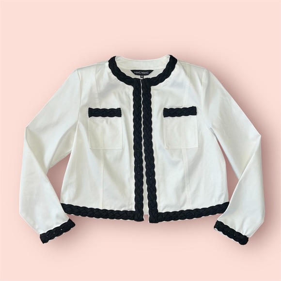 Ming Wang Braided Cotton-Blend Crop Jacket White With Braided Trim Size XS - Picture 3 of 10